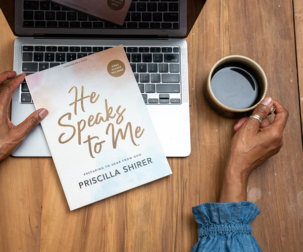woman studying the He Speaks to Me Bible study by Priscilla Shirer